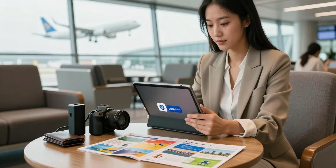 Utilisation de l'eSIM Global dans un salon d'aéroport moderne.