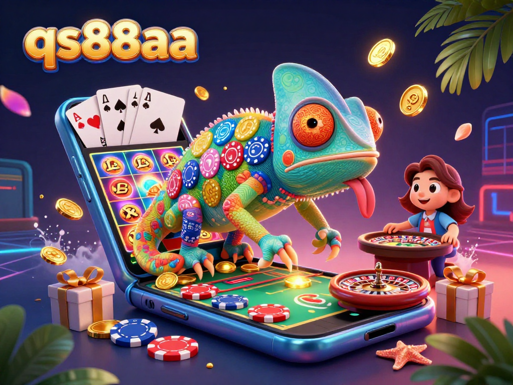 Experience exciting gaming adventures at qs88aa with a vibrant 3D casino scene featuring a chameleon owner and rich game elements.