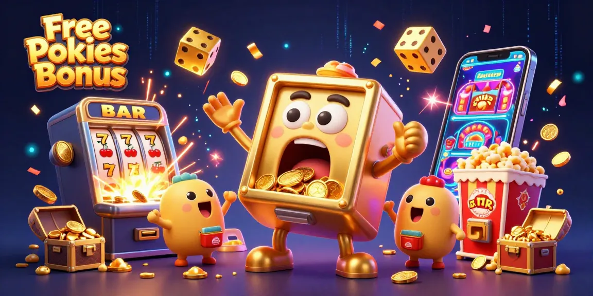 Celebrate with the Free Pokies Bonus as a golden slot machine erupts with coins and jackpots, thrilling players.