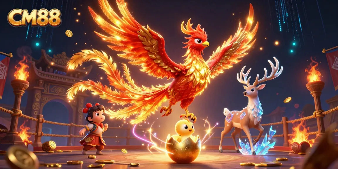 Experience CM88 with a vibrant 3D scene of a fire phoenix and baby chick amidst thrilling casino elements.