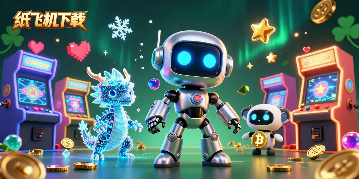 Engage with 纸飞机下载 in this vibrant casino-themed illustration showcasing a robot, dragon, and bitcoin drone.