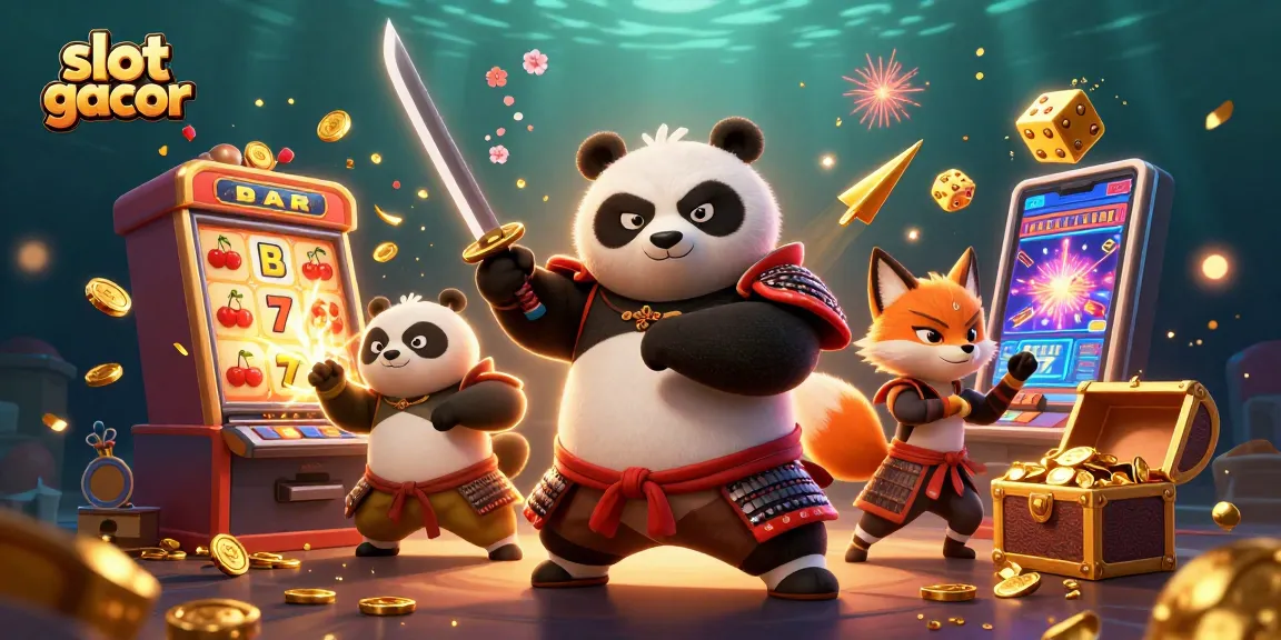 Experience slot gacor action with an epic 3D illustration of samurai panda, ninja fox, and tanuki.
