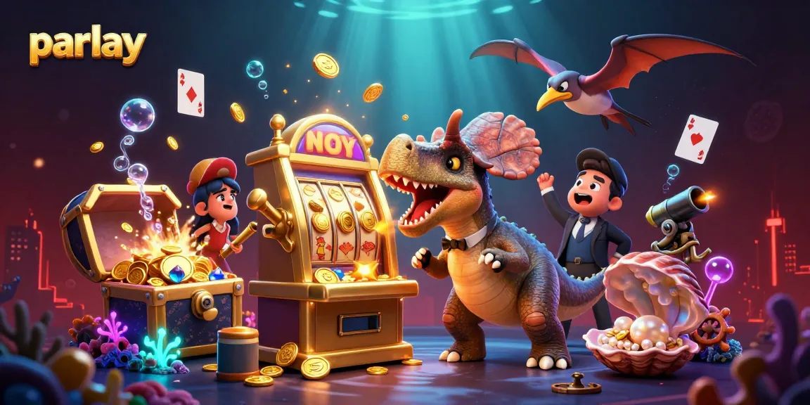 Experience the thrill of parlay betting as a cartoon dinosaur interacts with a slot machine, creating excitement!
