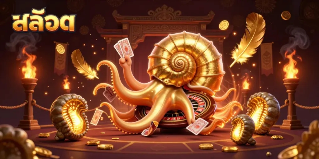 Experience thrilling สล็อต action with a 3D nautilus casino scene featuring cards, coins, and golden elements.