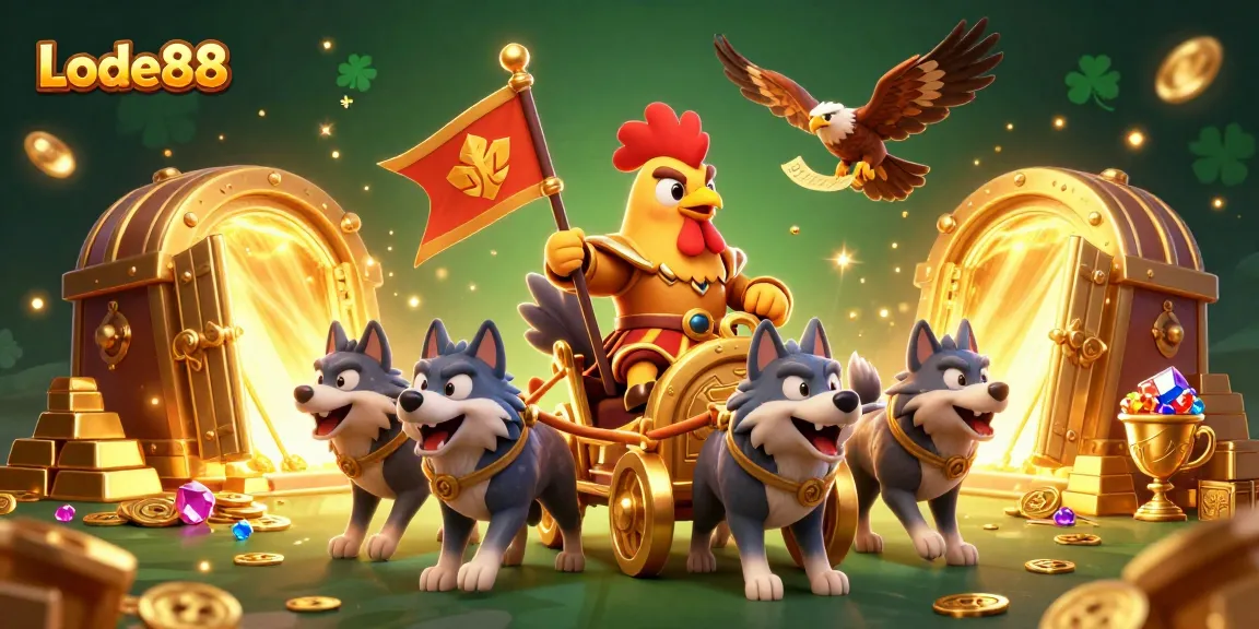 Experience thrilling wins with Lode88's 3D casino adventure featuring a rooster warlord and treasure galore.