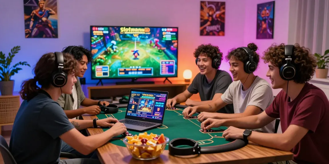 Friends enjoying Slotmaxwin games in a lively home gaming environment.
