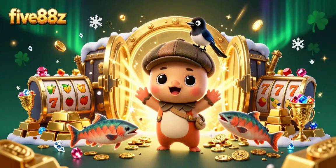 Engage with five88z's vibrant slot gaming scene featuring cartoon characters and treasures.