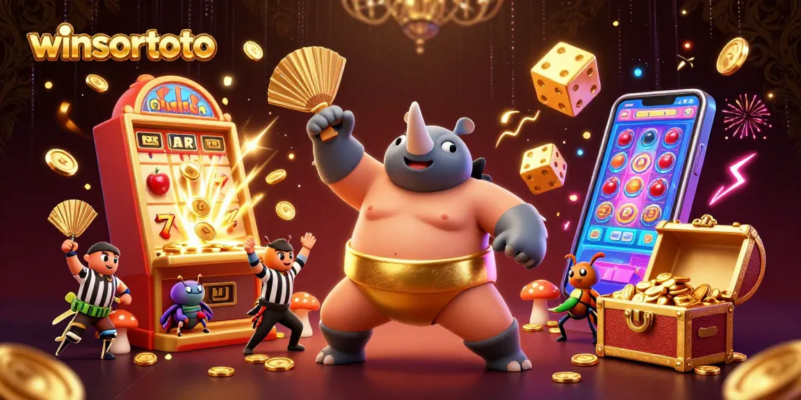 Experience winsortoto with a dazzling 3D scene showcasing a sumo-champion beetle amidst cascading coins and energetic gambling elements.