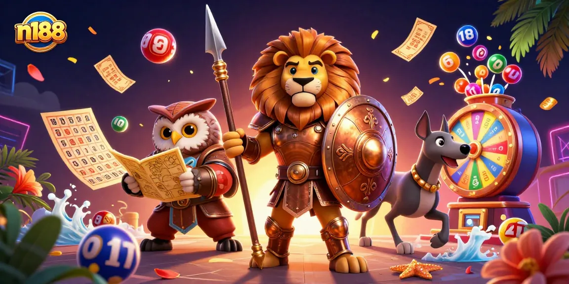 N188 showcases thrilling lottery action with vibrant balls, a Spartan lion, and detailed gaming elements.