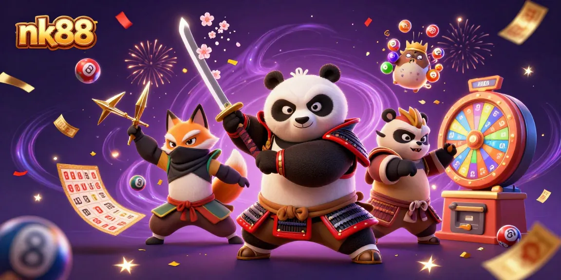 Join the action at nk88 with a vibrant scene of gaming excitement featuring unique characters.