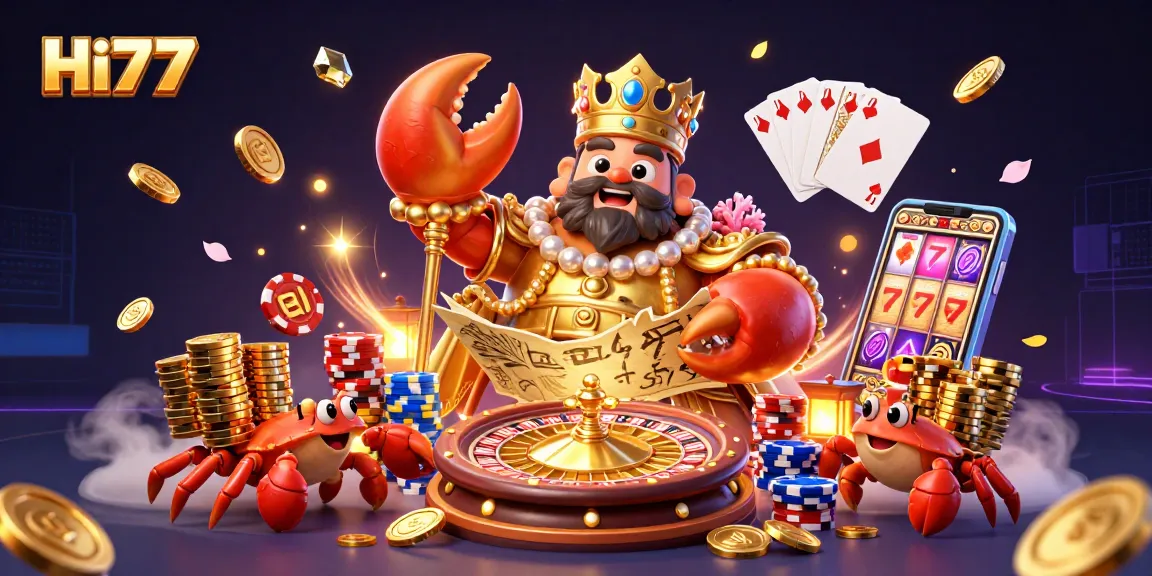 Join the excitement at Hi77 with a golden crab emperor overseeing a vibrant casino scene.