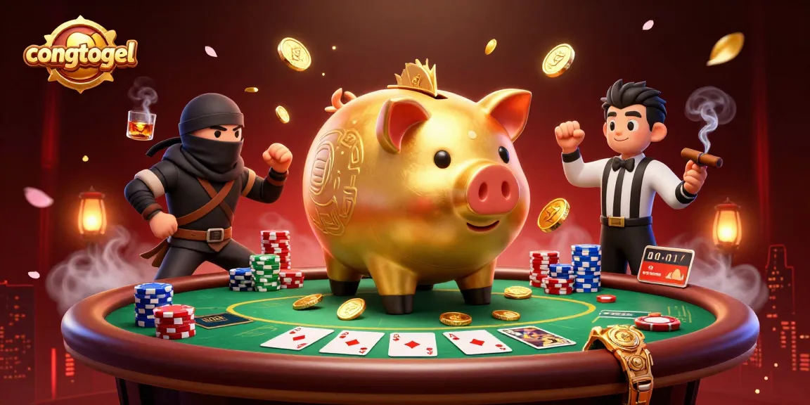 Engage with congtogel as an epic golden piggy bank sumo wrestler shakes coins amidst poker chips.