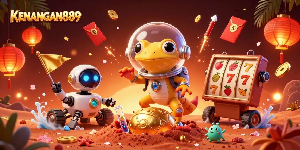 Win at KENANGAN889 with an illustrated scene of the Martian gecko exploring a golden casino.