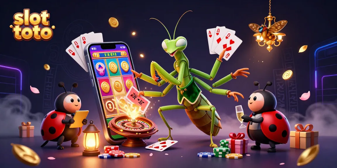 Play exciting games at slot toto featuring vibrant illustrations of a praying mantis card sharp and dynamic casino elements.