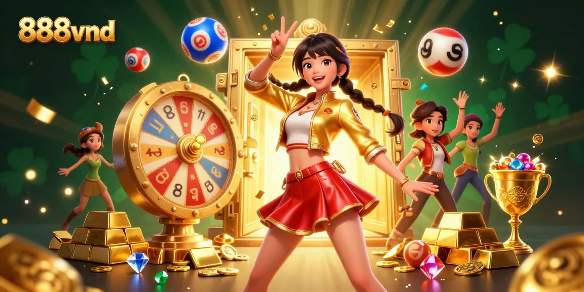 Experience the excitement of 888vnd with vibrant scenes depicting lottery fun and winning at the casino.