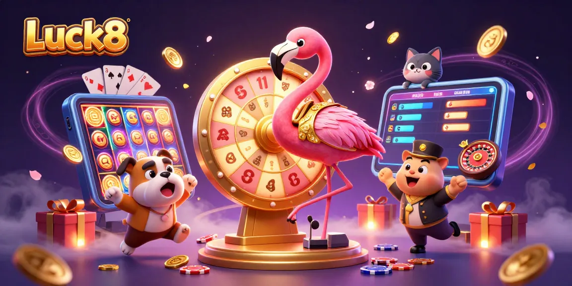 Engaging casino scene featuring Luck8 with vibrant characters, slot games, and festive elements.
