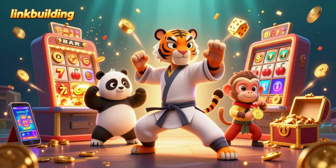 Linkbuilding boosts online casino presence with 3D characters celebrating around a jackpot.