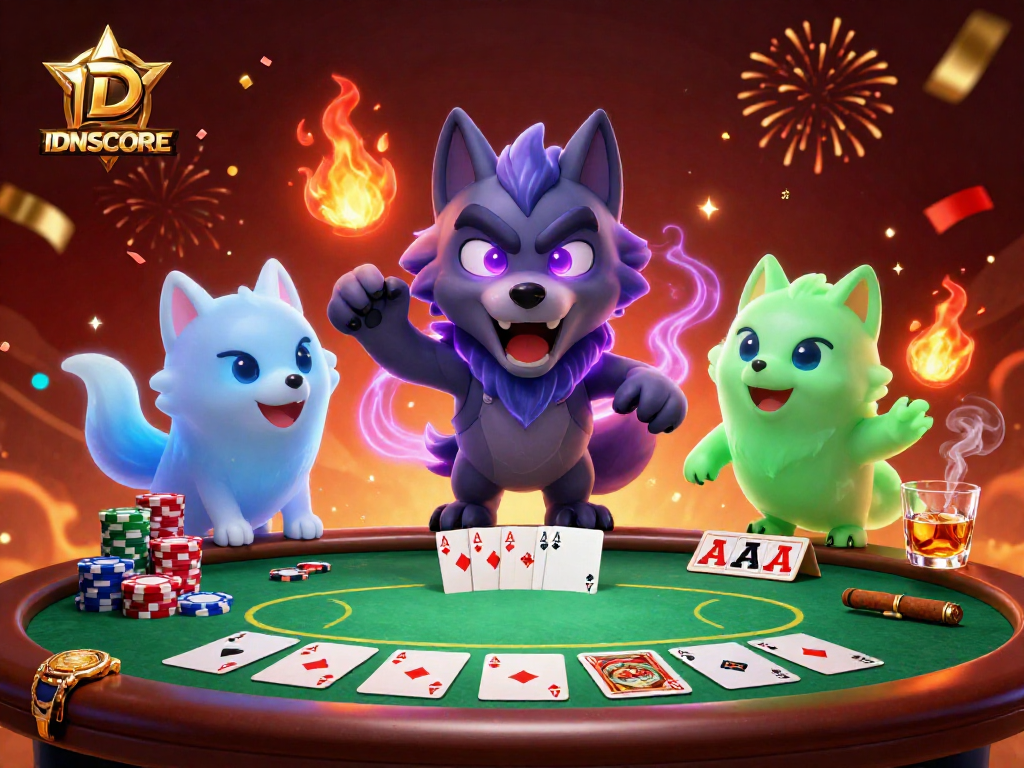 Experience IDNSCORE's thrilling casino ambiance with spectral wolves and vibrant gaming elements.