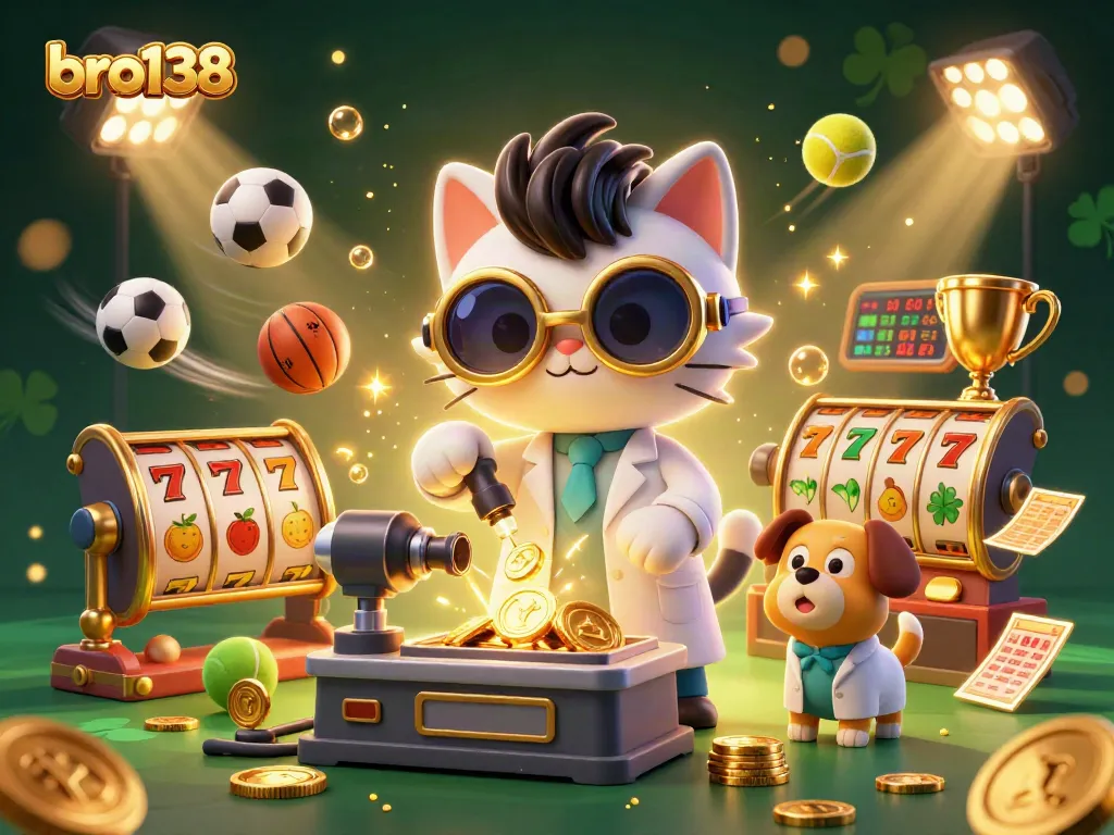 Experience the excitement of bro138 with a mad scientist cat creating wealth in a vibrant casino-themed illustration.