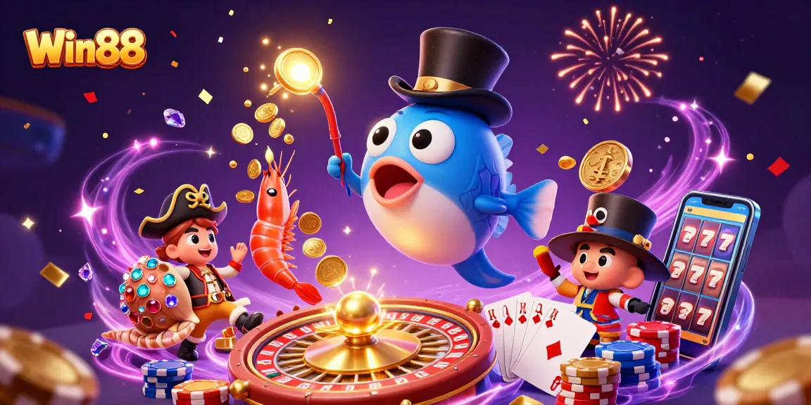 Win88 captivates players with a vibrant 3D illustration of an anglerfish, pirate shrimp, and gem snail amidst sparkling casino elements.