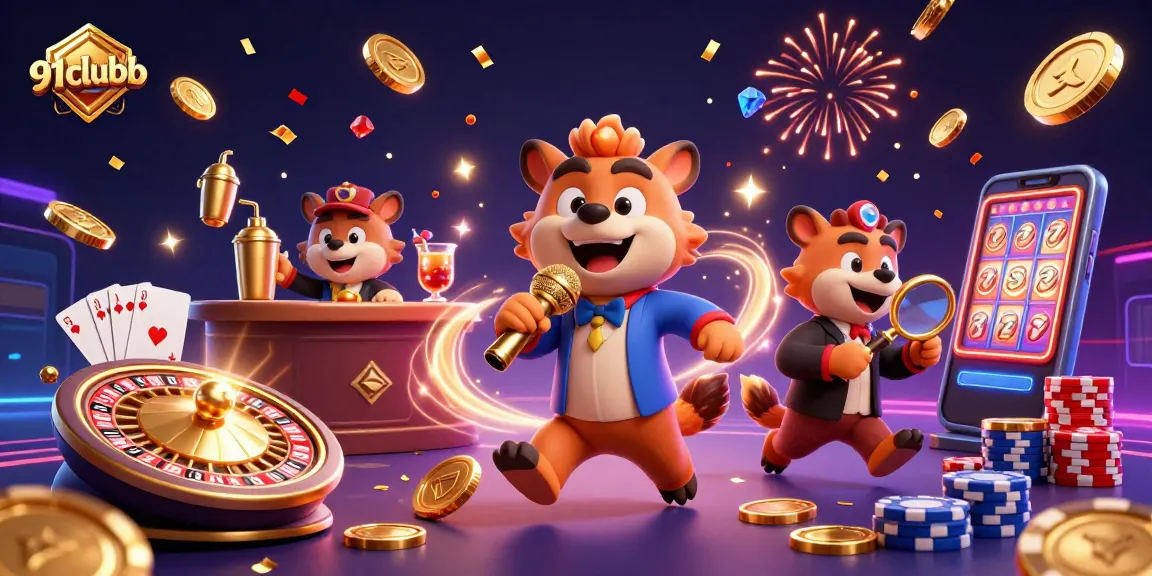 Experience thrilling gameplay with 91clubb in a vibrant casino illustration with energetic hyenas.