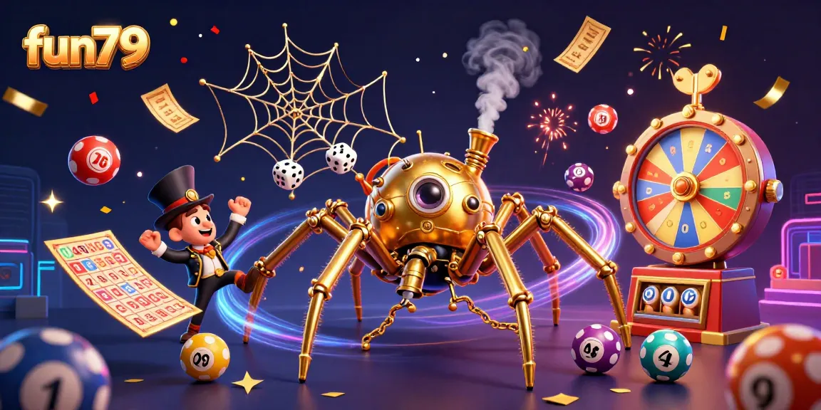 Experience fun79 with a 3D steampunk spider capturing dice in a thrilling casino illustration.