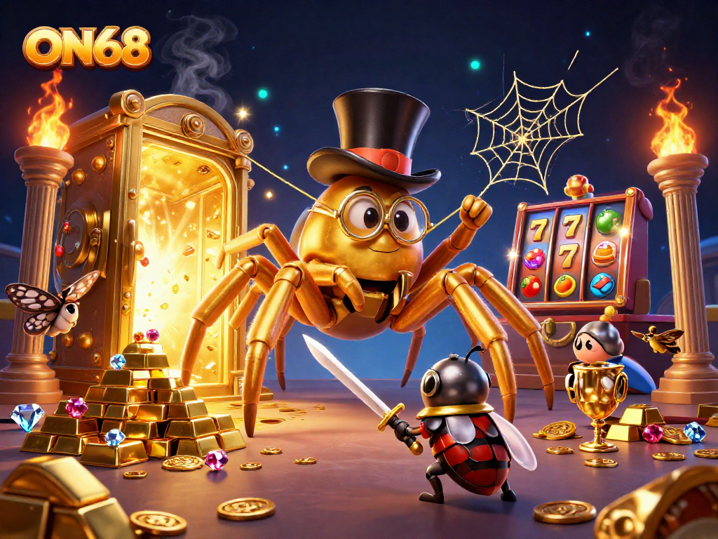 ON68 engages players in a thrilling casino scene featuring exciting 3D characters and elements like golden gems.