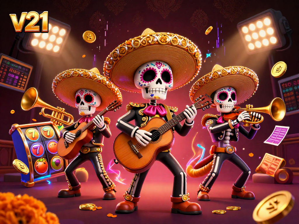 Grafik menarik v21 menampilkan band mariachi dengan permainan slot di kasino.