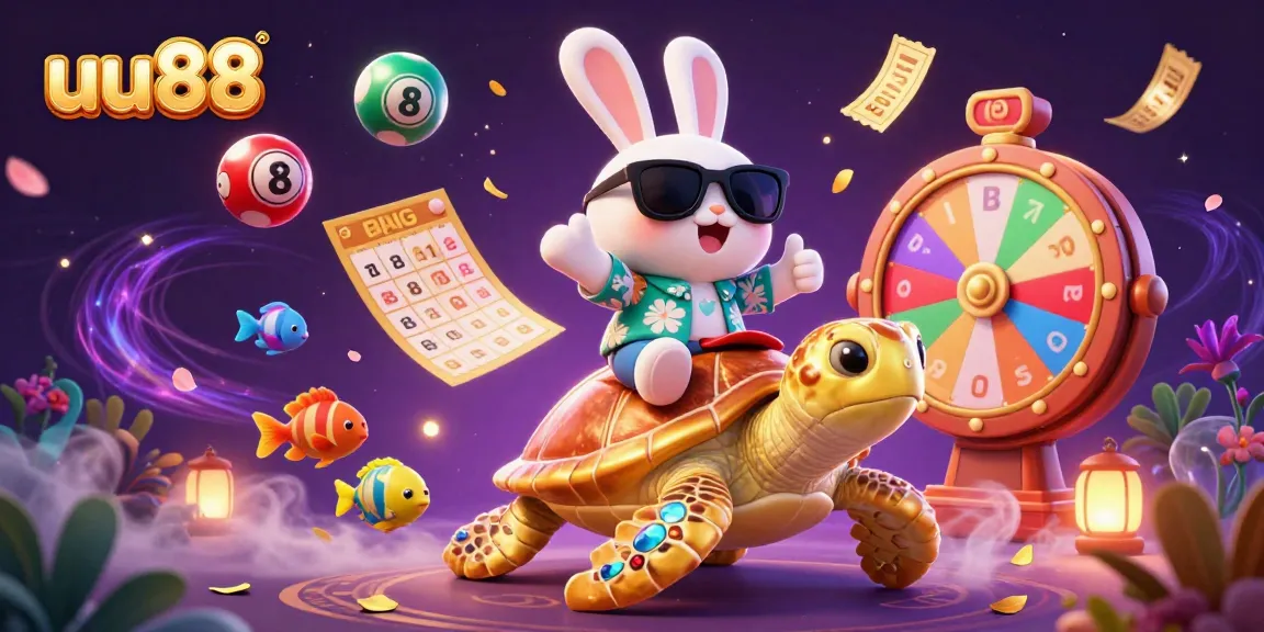 uu88's lively cartoon scene showcases a lucky rabbit on a golden turtle amidst vibrant lottery elements.