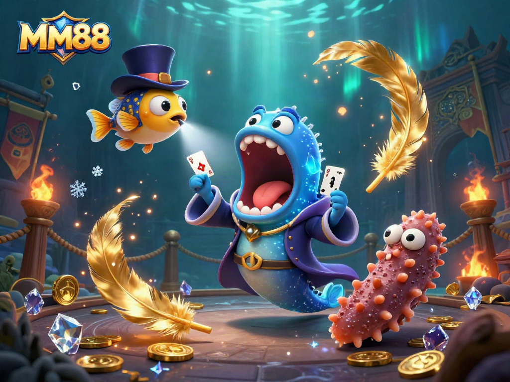 Experience MM88's vibrant casino magic with animated underwater characters and swirling coins.