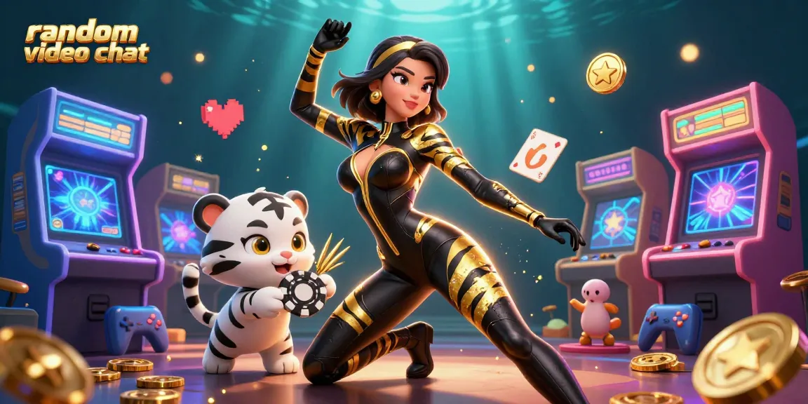 Engage in random video chat with captivating characters amidst a vibrant casino scene.
