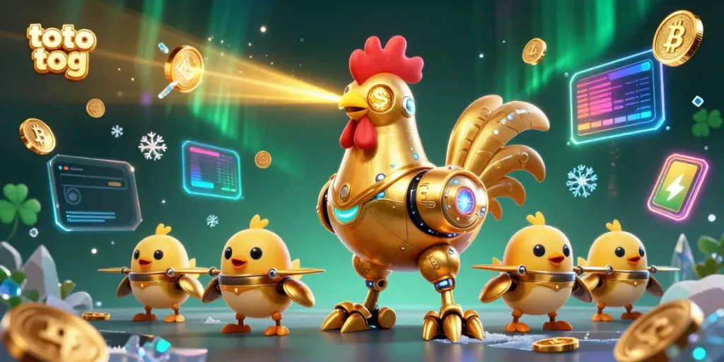 Toto tog showcases a vibrant casino scene with a golden robotic rooster and crypto elements, perfect for gamblers.