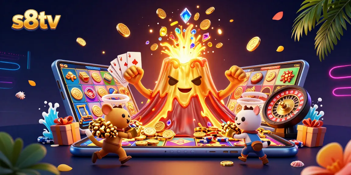 Experience thrilling moments at s8tv with a triumphant volcano showcasing treasure amidst vibrant gambling elements.