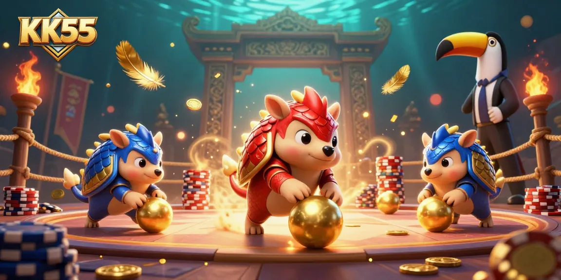 Engage in thrilling KK55 gaming with pangolins on a vibrant casino scene.