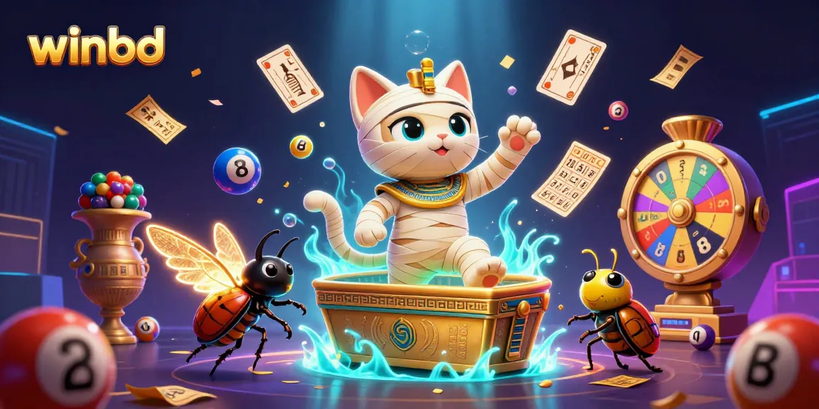 Experience thrilling gameplay at winbd with vibrant casino elements, mummy cat, and dynamic lottery action.