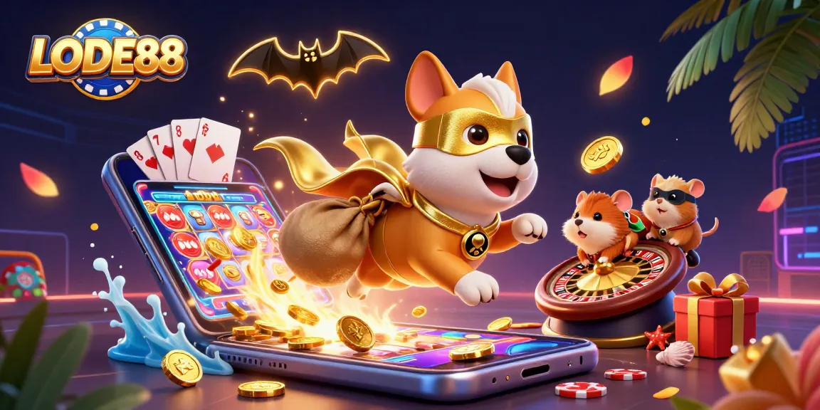 Win big with LODE88 in this vibrant 3D illustration featuring casino excitement and characters!