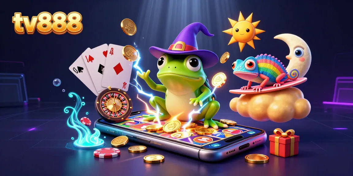 Experience TV888's exciting gaming world as a weather wizard frog conjures coins in a vibrant 3D scene.