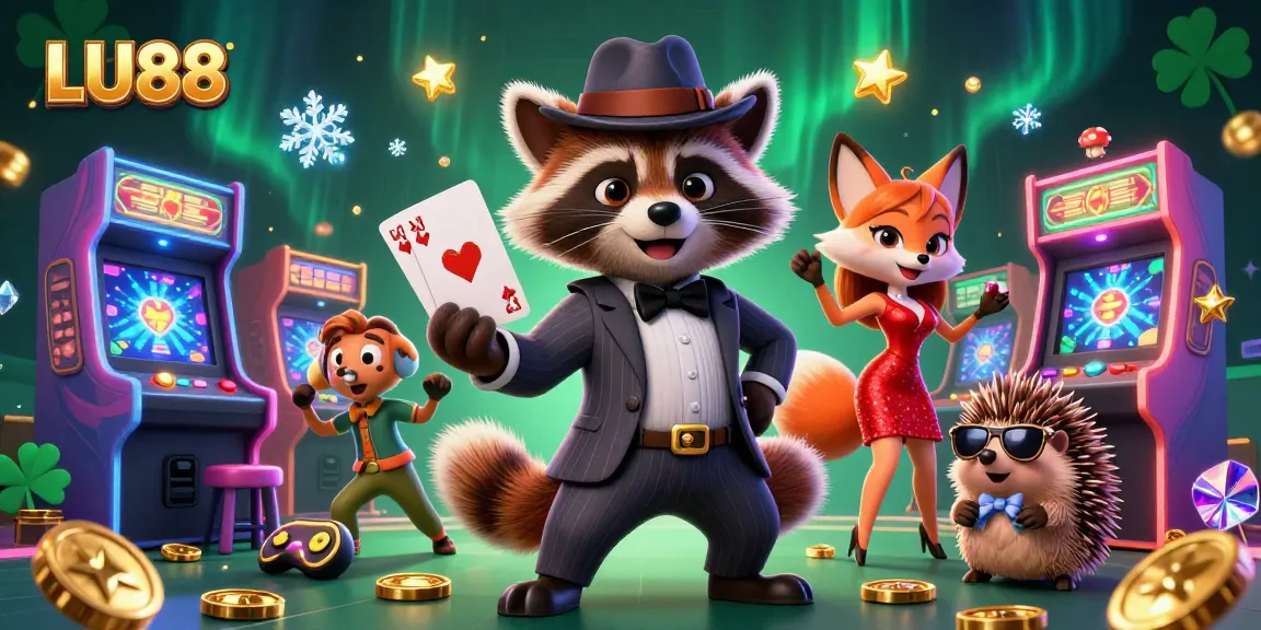 Experience the excitement of LU88 with a suave raccoon, stylish fox, and bouncer amid vibrant casino elements.