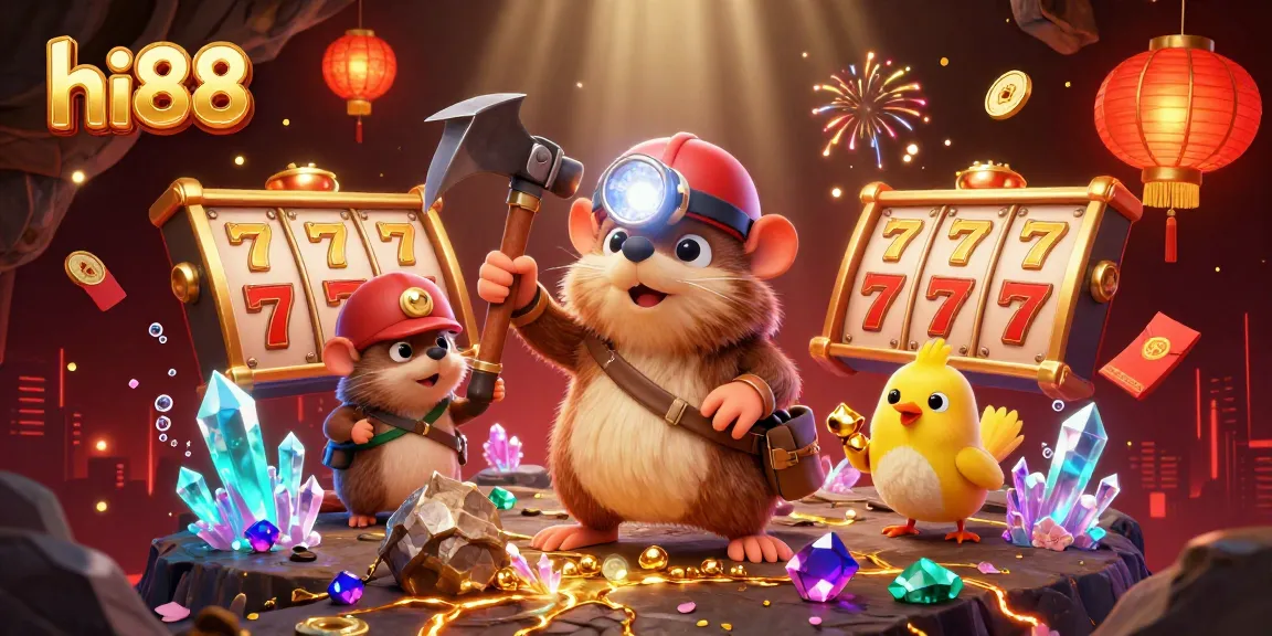 hi88 treasure hunter mole mining in a vibrant casino scene with dynamic jackpot symbols.