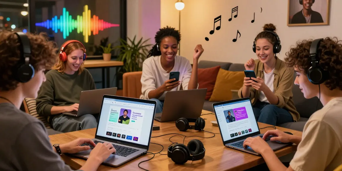 Tubidy music lovers exploring diverse MP3 downloads in an engaging urban lounge, celebrating vibrant music culture.