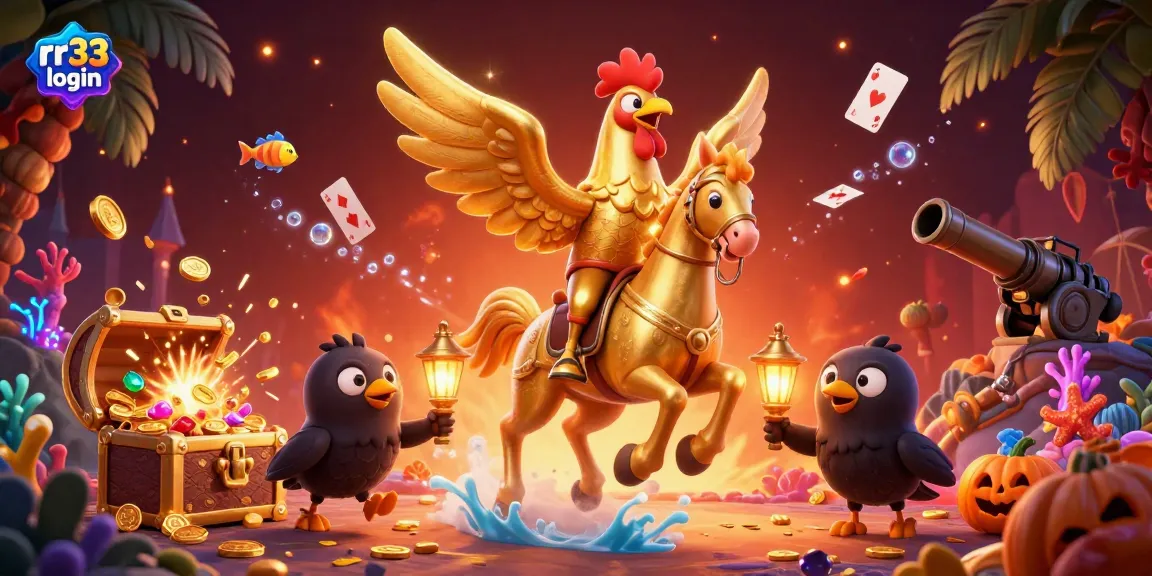 Experience the smooth rr33 login process with a golden rooster and spectral horse in a vibrant casino.
