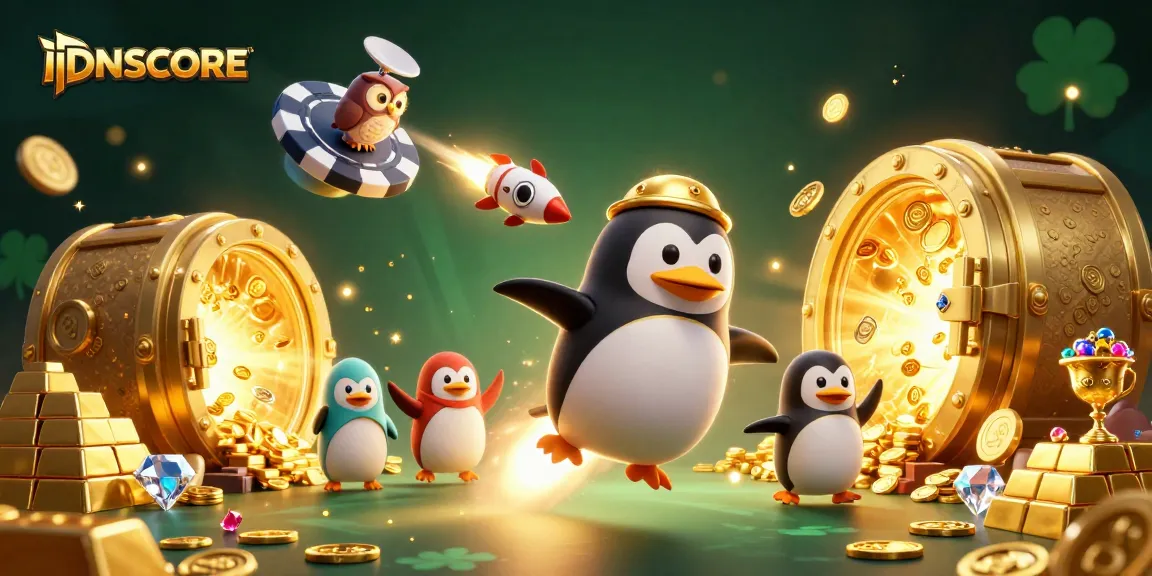 Experience the excitement of IDNSCORE with a golden penguin navigating a casino-themed space, showcasing riches.