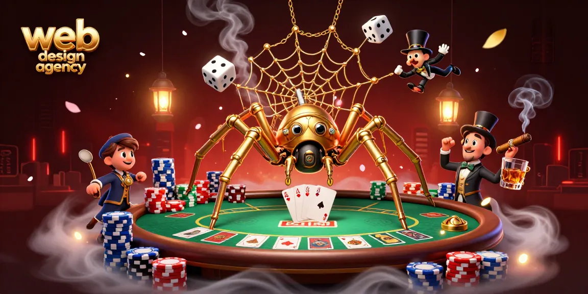 Engaging web design agency scene of a steampunk spider and dice in a poker-themed illustration.