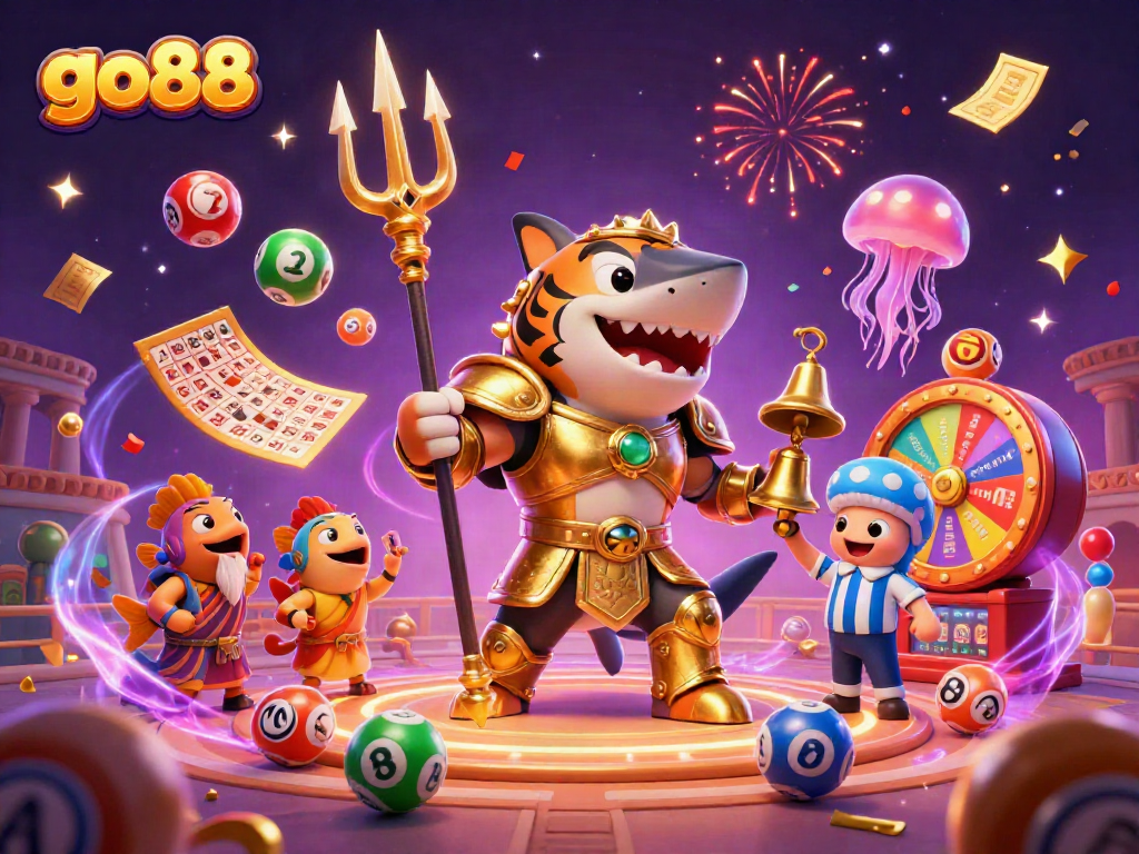 Experience the thrill of go88 with a vibrant casino scene featuring a tiger shark and lottery elements.