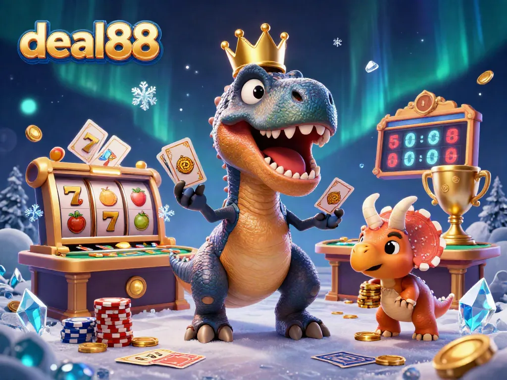 Experience winning excitement at deal88 with a playful T-Rex shuffling cards and stacking chips in a vibrant casino scene.