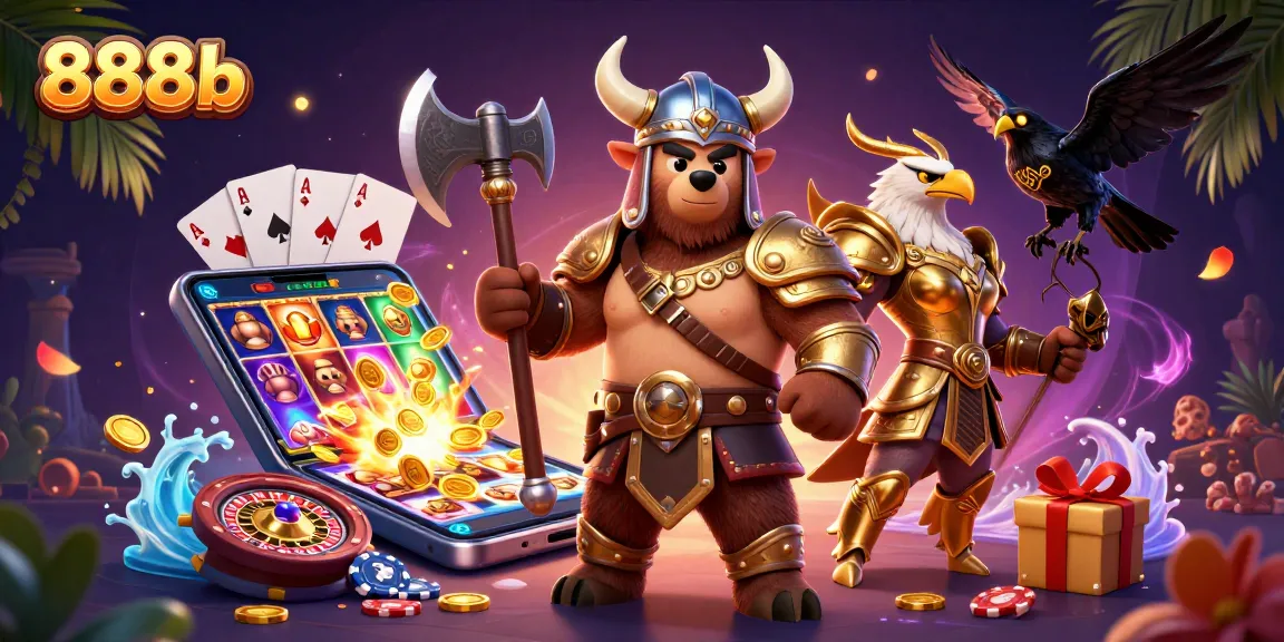 Bet big and win with 888b casino featuring a Viking bear and Valkyrie eagle in a dynamic gaming scene.