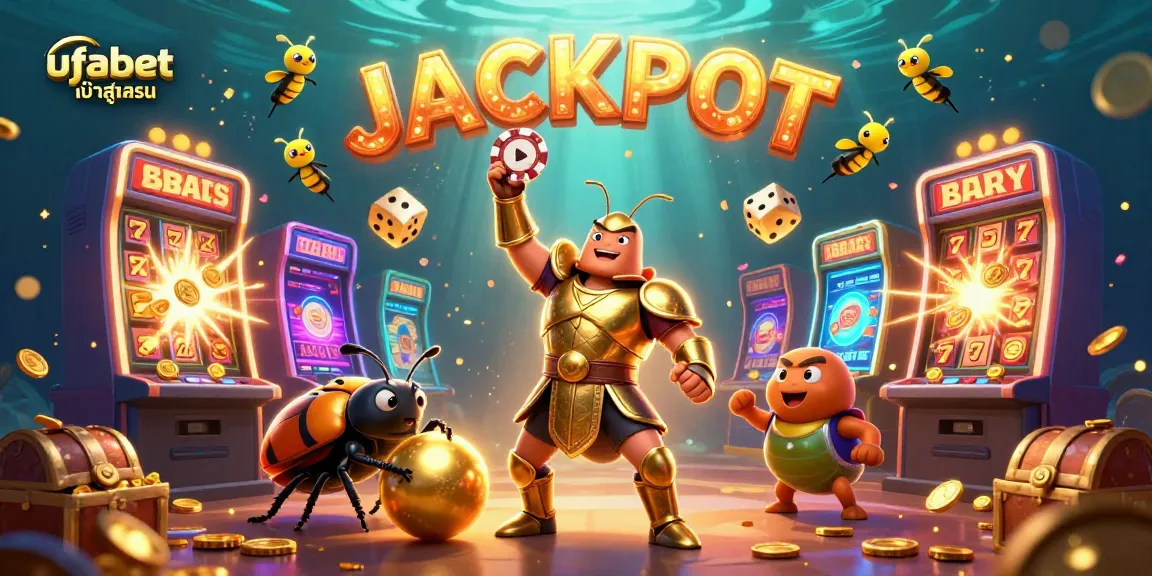 Win big with ufabet เข้าสู่ระบบ as the hercules beetle lifts a jackpot poker chip surrounded by casino excitement.
