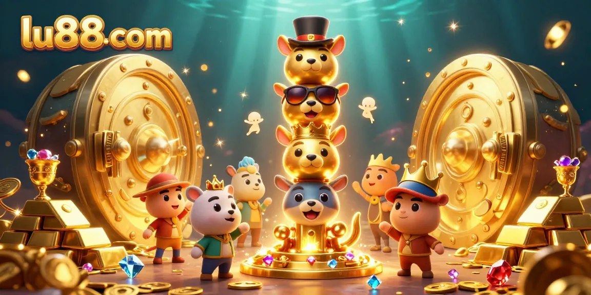 Spin and win at lu88 com with vibrant casino treasures and dynamic characters in 3D illustration.