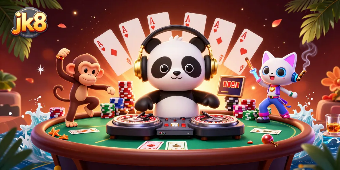 Experience the excitement of jk8 gaming with a DJ panda, breakdancing monkey, and glowing kitten in an energetic casino scene.