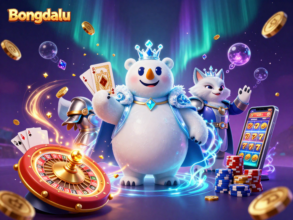 Bongdalu showcases a vibrant 3D casino scene with the ice king polar bear, golden coins, and live game elements.